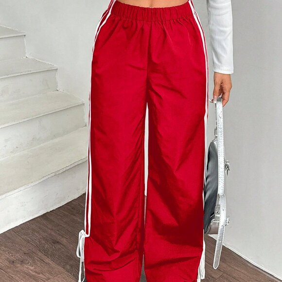 Red Casual Women's Side Contrast Tape Elastic Waist wide Pants - Picture 3 of 6